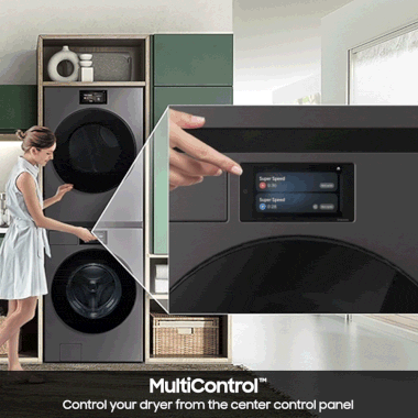 Animated demonstration of a stacked Samsung washer and dryer showing dryer controls operated from the washer panel (MultiControl).